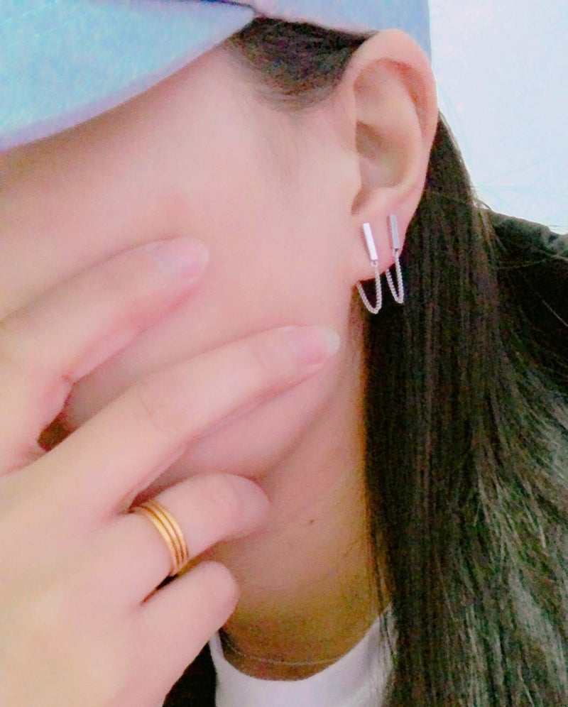 Amkaka Minimalist Bar Earrings with Chain Dangle Earrings 925 Sterling Silver Stud Earrings - Image 2